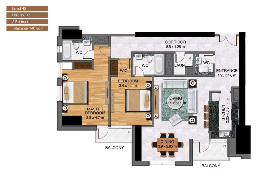 Level-42,Unit-no-7-,2-Bedroom-,Size-140-Sq m